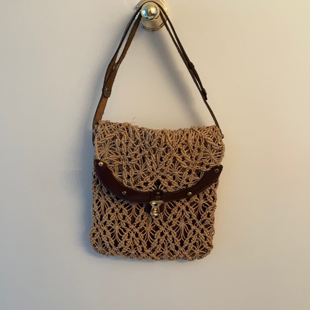 Vintage 70s JOHN ROMAIN Macrame Canvas Leather Shoulder Bag Handbag Flap RARE